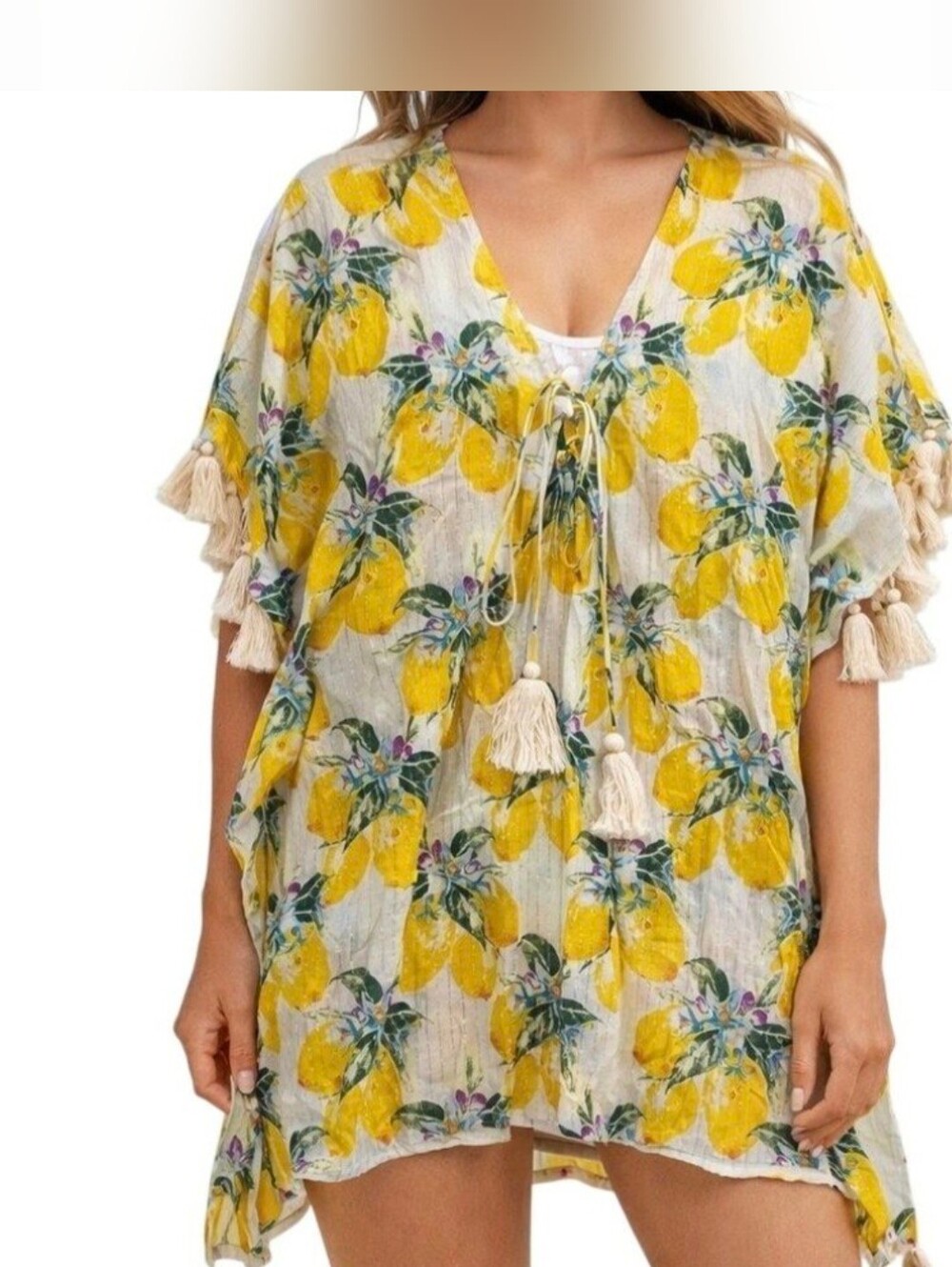 Z&L Europe Lemon Print Tassel Kaftan/Kimono Cover-up. Size S/m